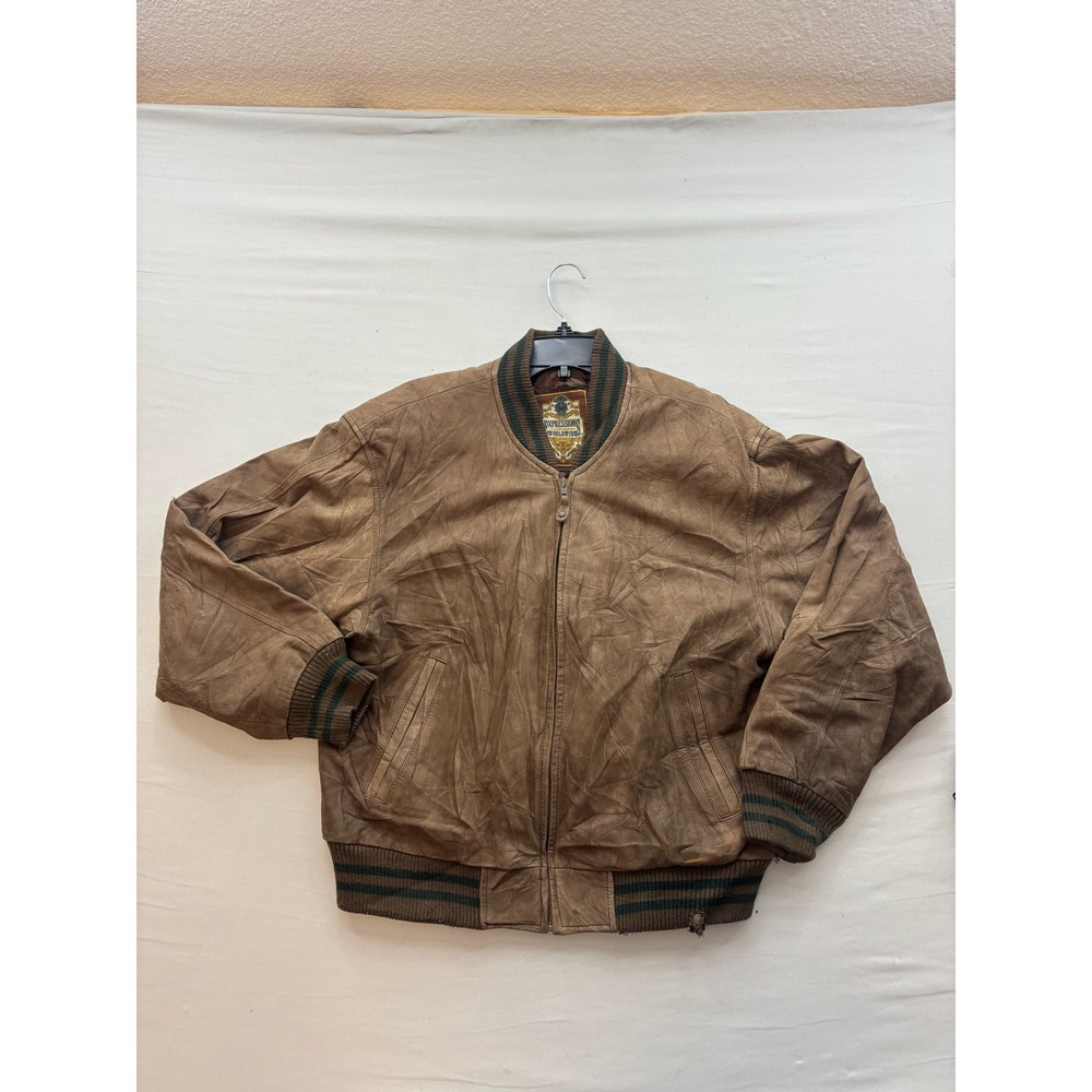 Expressions Worldwide Vintage Brown Leather Bomber Jacket Ribbed Trim Zip Up